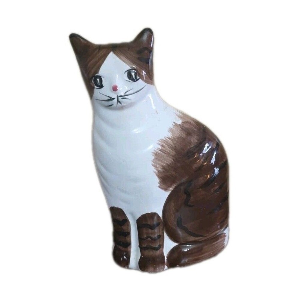 Vintage Glazed Ceramic Cat Coin Money Bank Brown White Tabby Made In Taiwan 8.5"